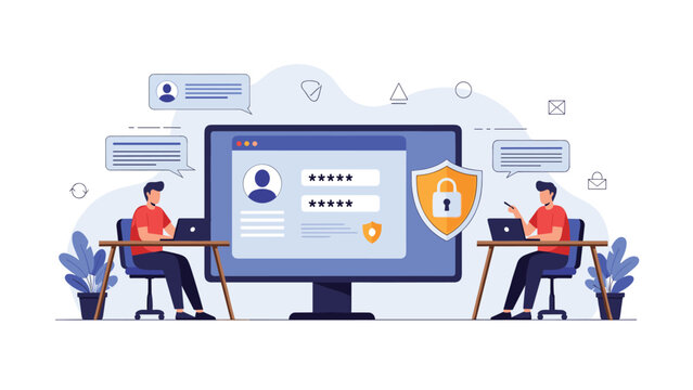 Secure login and data privacy concept with people working at desks around a large monitor featuring password entry and protection shield.