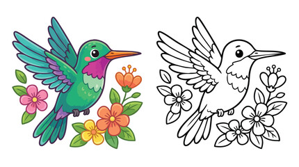 Obraz premium Hummingbird Coloring Book Page with Floral Elements