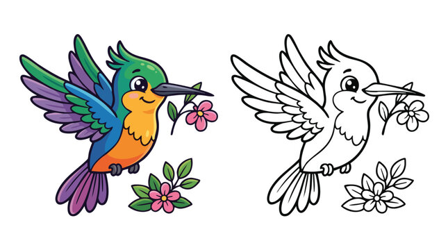 Hummingbird with Flower and Optional Coloring Page