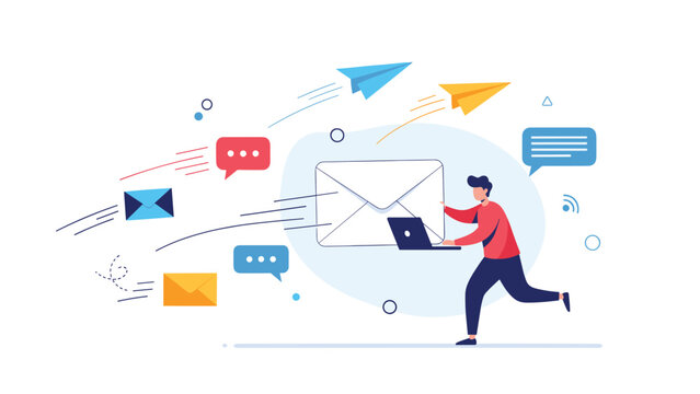 Energetic man running while multitasking with digital communication as messages and emails fly from his laptop.