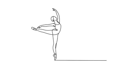 A minimalist continuous line art drawing of a ballerina performing a graceful arabesque pose en pointe Vector, illustration © D-Stocker2026