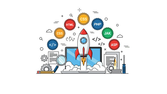 Web development and coding concept with a rocket launch surrounded by various programming icons.