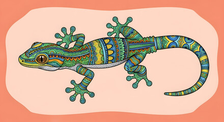 Fototapeta premium Colorful gecko lizard decorated with intricate patterns and mandalas against a soft peach background