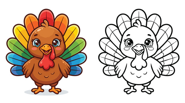 Cute Cartoon Turkey Coloring Page for Kids Thanksgiving Craft