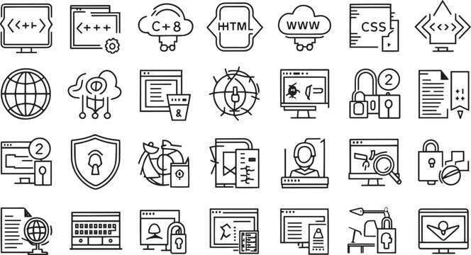 Collection of hand drawn web development and technology icons isolated on transparent background