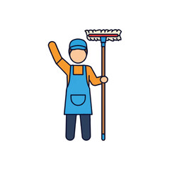 Fototapeta premium Janitor wearing blue apron waving.