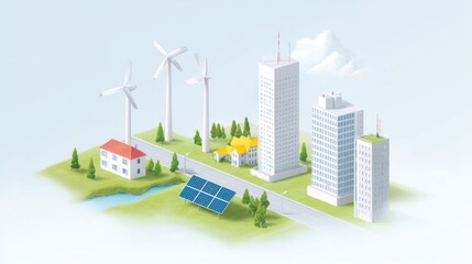 Obraz premium Illustrative Concept of Renewable Energy with Solar Panels and Wind Turbines in a Modern Urban Landscape