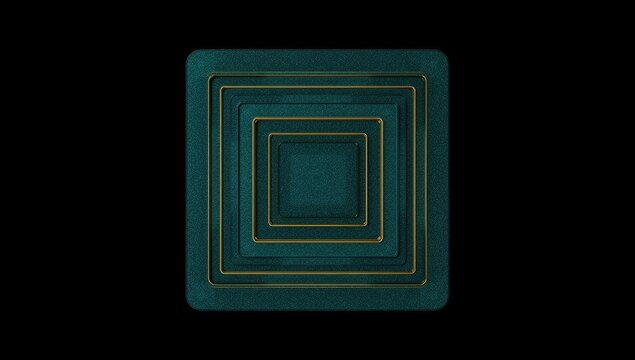 A central, emerald-green square composed of layered, nested squares, each defined by a gold line.