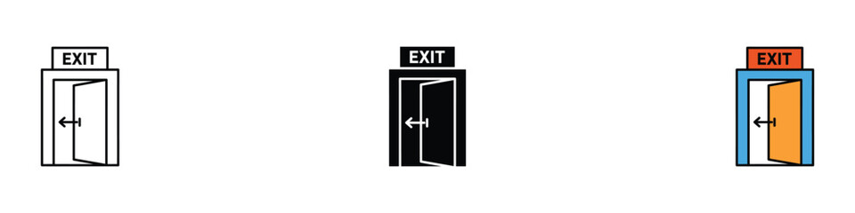 Obraz premium Emergency exit door icon set. Safety evacuation and building exit symbols. Vector Illustration.