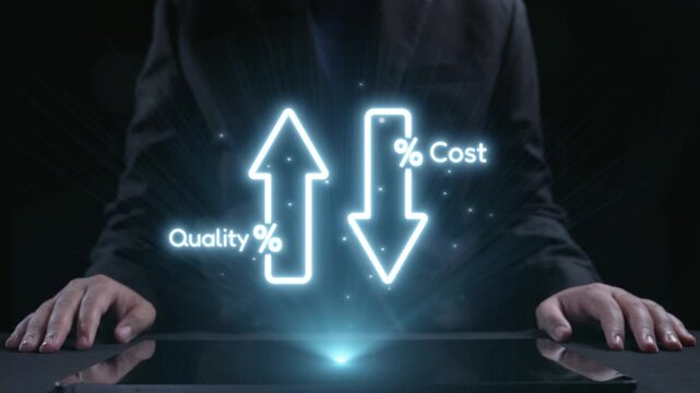 A businessman presents quality and cost metrics using futuristic graphics to showcase trends. The backdrop emphasizes a modern approach to data analysis in business. Qubit