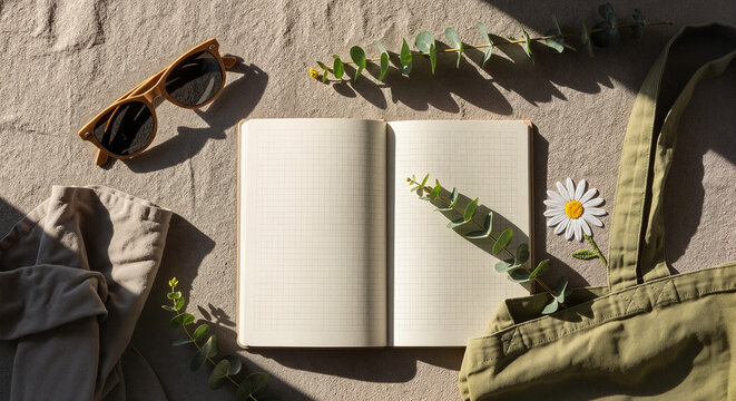Flat lay of open notebook, sunglasses, and green leaves on fabric  