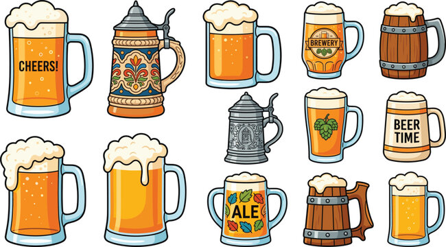 Beer mug and Oktoberfest beer stein vector illustration set with frothy lager glasses, traditional brewery mugs and ale drink icons