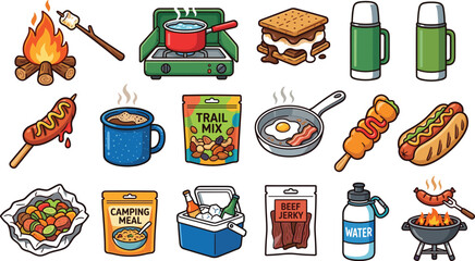 Camping food and outdoor cooking vector illustration set with campfire, hot dog, trail mix, thermos, frying pan and camping meal icons © MdMostafijur