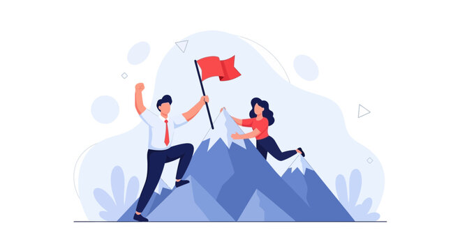 Teamwork success: man and woman planting flag on mountain peak, business achievement concept