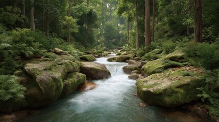 Obraz premium Serene Forest Stream Surrounded by Lush Green Foliage and Rocks in a Tranquil Natural Setting