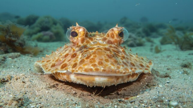Close up of a frogfish on sandy seabed marine underwater photography