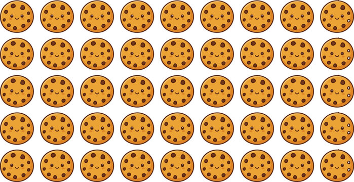 Chocolate chip cookie pattern vector illustration with repeating round cookies and chocolate chips sweet bakery dessert background