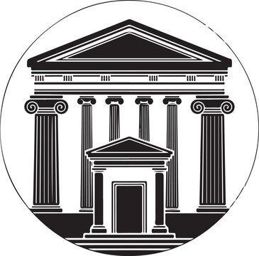 Black and white illustration of ancient Greek temple architecture in circle