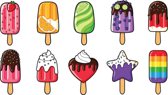 Colorful ice cream popsicle vector illustration set with chocolate coated, fruit flavored and rainbow popsicles sweet frozen dessert icons