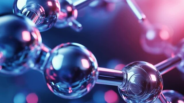 Molecular Abstract: A close-up view of a complex molecular structure, its metallic spheres and connecting rods illuminated by vibrant, otherworldly lighting.