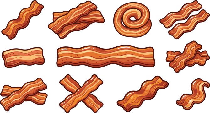 Crispy bacon strips vector illustration set with fried pork rashers, curled bacon slices and grilled breakfast meat isolated food elements