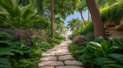 Serene Nature Pathway Surrounded by Lush Greenery and Colorful Flowers in a Tropical Paradise