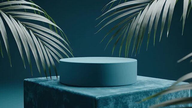 Moody tropical product shot with a teal pedestal surrounded by palm fronds under blue gradient lighting