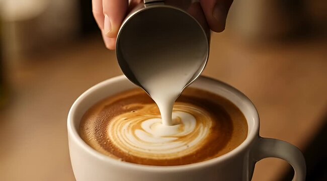 Close-up of a barista pouring steamed milk from a metal pitcher into a white ceramic cup, creating latte art with a heart design on a rich brown coffee surface