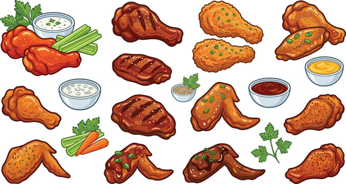 Fried chicken and grilled wings vector illustration set with crispy drumsticks, chicken wings, dipping sauces and fast food meal elements