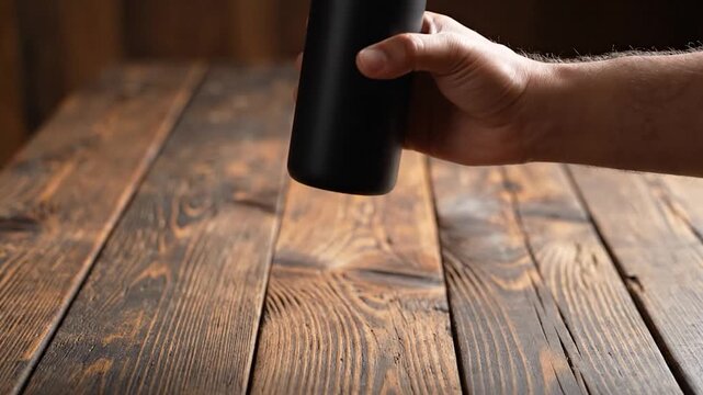 Hand picking up black reusable bottle with gold cap on wooden table