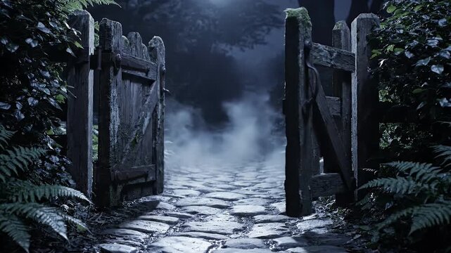 Moonlit Wrought-Wood Gate Standing Closed at the Edge of a Shrouded Garden