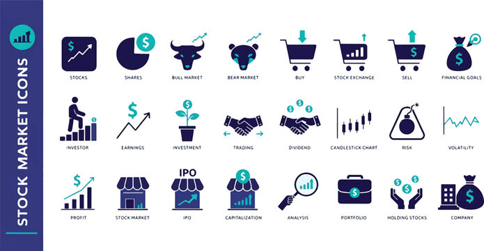 Stock market icon set. Containing stocks, stock exchange, financial goal, shares, investment, bull market, bear market and investment icons.Vector illustration. Editable stroke