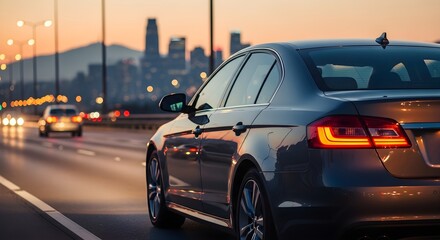 Fototapeta premium Modern Sedan Driving on a Highway with City Skyline at Sunset in the Distance