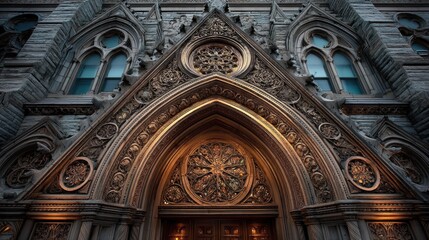 Fototapeta premium Intricate Gothic Facade Archway with Ornate Carvings at Entrance