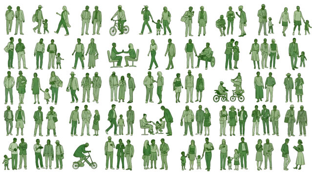 Diverse People Silhouettes AutoCAD Drawing Collection, Green Style, White Background