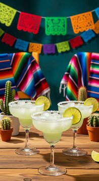 A vibrant Mexican celebration setup with margaritas and colorful decorations on a wooden table