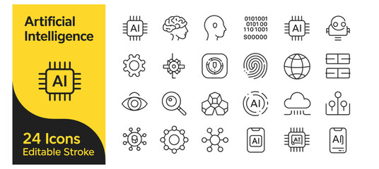 Naklejka premium Set of 24 Artificial Intelligence and Machine Learning Vector Icons with Editable Stroke, featuring AI chips, brain, robot, data, cloud, and network symbols for technology and business