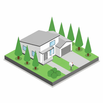 Isometric illustration of a modern house with trees and a driveway.