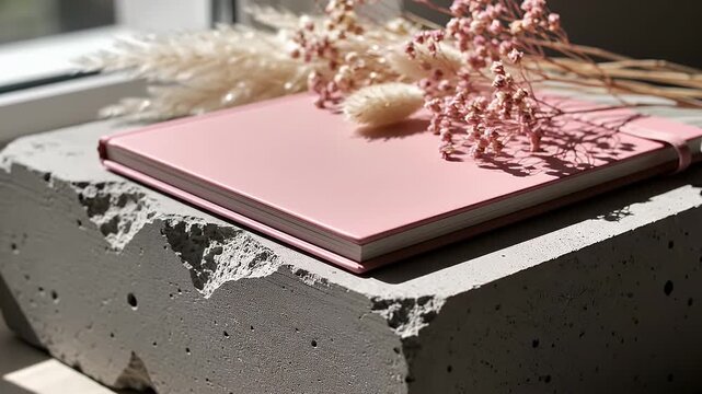 Pastel pink notebook resting on a rough concrete block with dried flowers and soft window light