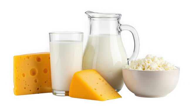 Fresh dairy products including milk, butter, cheese, and yogurt on table isolated on transparent background