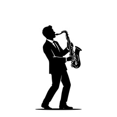 Naklejka premium A high-contrast vector silhouette of a male jazz musician wearing a formal suit while playing the saxophone, isolated on a white background.