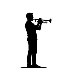 Naklejka premium A professional vector silhouette of a male musician playing the trumpet. Perfect for jazz posters, music festival designs, and band performance graphics.