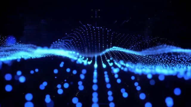Abstract digital waves of glowing blue particles flow and undulate across a dark background.