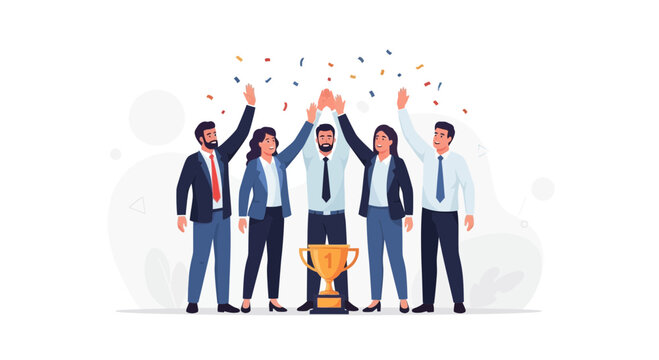 Business Team Celebrating Victory with Trophy and Confetti