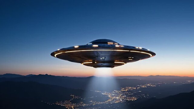Mysterious Flying Saucer Hovers Over Cityscape at Dusk