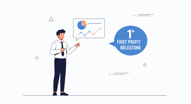 Businessman presenting first profit milestone with charts and graphs