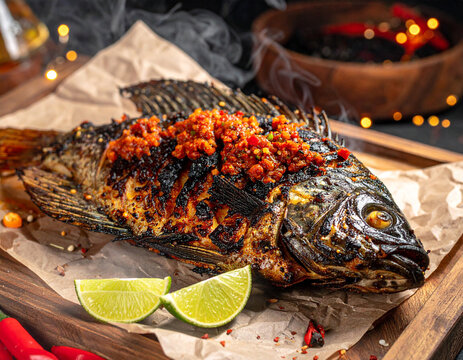 Gurame Bakar Pedas dengan Jeruk Nipis dan Sambal Indonesia
