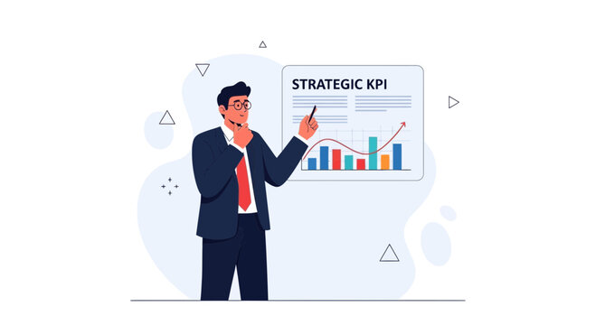 Businessman presenting strategic KPI growth chart with rising arrow and bar graph