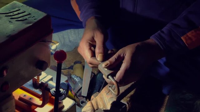 locksmith filing metal padlock in dim workshop light