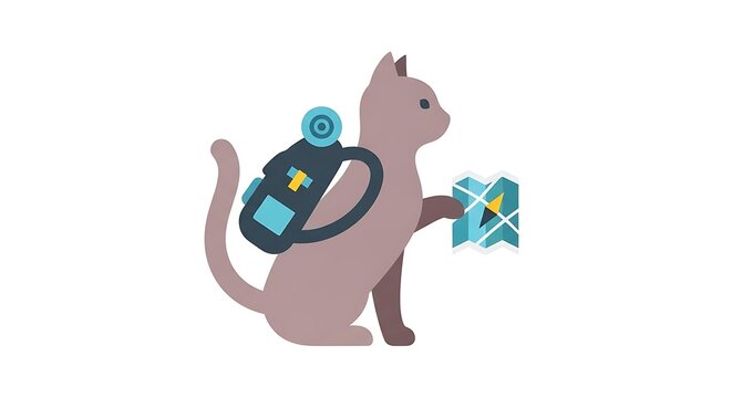 A cat with a backpack on holding a map